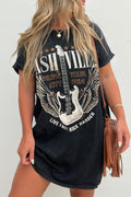 Black Graphic Round Neck Short Sleeve Tee Dress Trendy Casual T-Shirt Dress for Women Stevvex