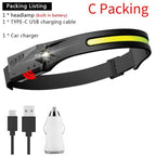 Adjustable Rechargeable LED Induction USB Headlamp  Lightweight Head Lamp Head Torch 5 Lighting Modes Flashlight   For Camping Hiking Running Outdoor Adults Kids Stevvex