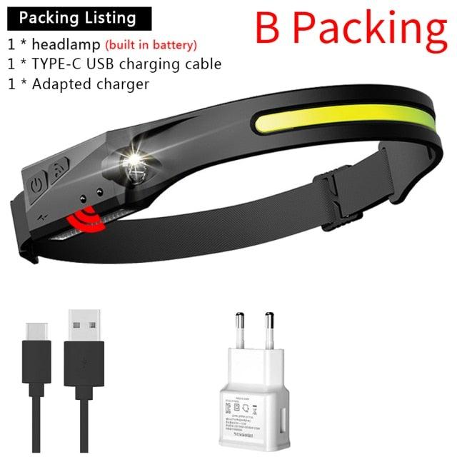 Adjustable Rechargeable LED Induction USB Headlamp  Lightweight Head Lamp Head Torch 5 Lighting Modes Flashlight   For Camping Hiking Running Outdoor Adults Kids Stevvex