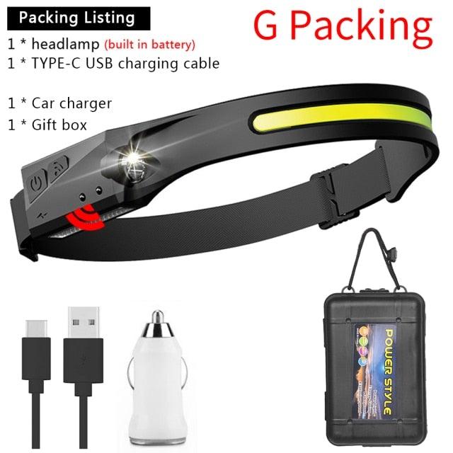 Adjustable Rechargeable LED Induction USB Headlamp  Lightweight Head Lamp Head Torch 5 Lighting Modes Flashlight   For Camping Hiking Running Outdoor Adults Kids Stevvex