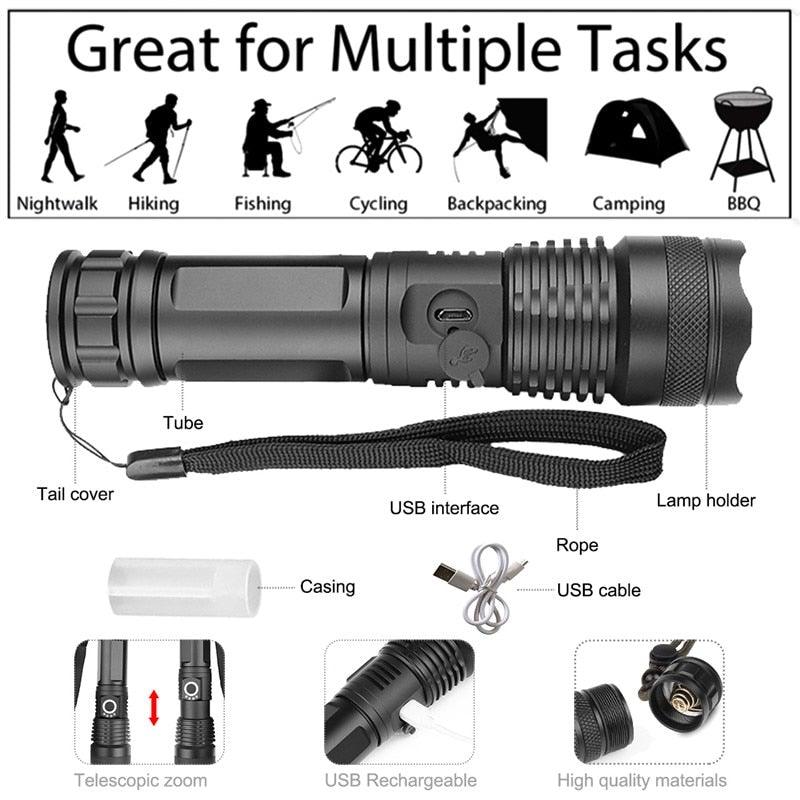 Adjustable Rechargeable Powerful Zoomable LED USB Flashlights High Lumens Powerful Tactical  Waterproof Super Bright  Flashlights Best For Camping Outdoor Hiking Running Riding Stevvex