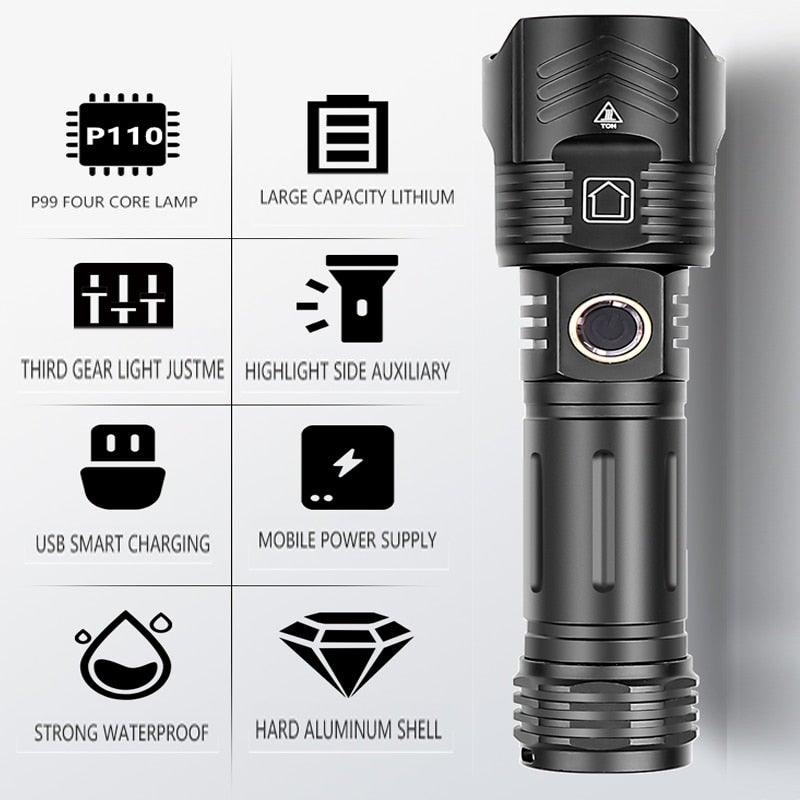 Adjustable Rechargeable Tactical Flashlight USB LED  Super Bright Zoomable IPX65 Waterproof Portable Torchlight Flash Lamp USB Charging For Hiking Camping Running Fishing Stevvex