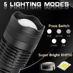 Adjustable Rechargeable Tactical Flashlight USB LED  Super Bright Zoomable IPX65 Waterproof Portable Torchlight Flash Lamp USB Charging For Hiking Camping Running Fishing Stevvex