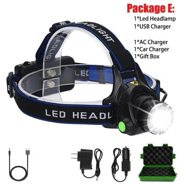 Adjustable Rechargeable Waterproof Brightest Zoomable LED Lightweight Hands Free Headlamp High Power For Adult Hunting Camping Running Hiking Riding Fishing Rechargeable T6 Chip Headlight Stevvex