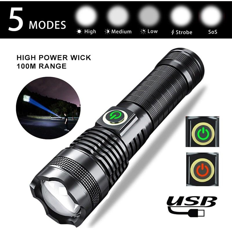 Adjustable Rechargeable  Waterproof LED Flashlights Rechargeable High Lumens Torchlight Zoomable Torch USB Charging Waterproof 5 Modes With Power Display For Camping Hiking Outdoor Emergency Stevvex