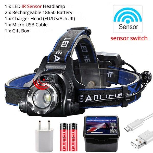 Adjustable USB Rechargeable IR Sensor Super Bright Headlight Battery For Long Working Time LED Headlamp Fishing  Waterproof Head Light Lamp Perfect For Running  Camping Stevvex