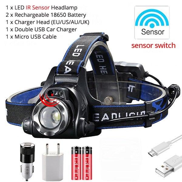 Adjustable USB Rechargeable IR Sensor Super Bright Headlight Battery For Long Working Time LED Headlamp Fishing  Waterproof Head Light Lamp Perfect For Running  Camping Stevvex