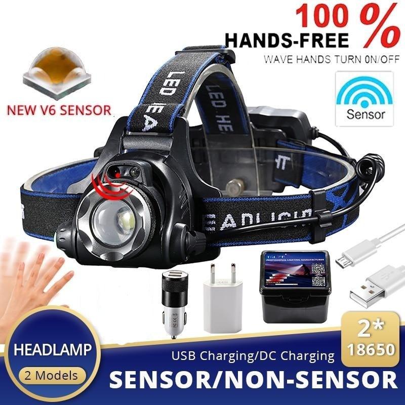 Adjustable USB Rechargeable IR Sensor Super Bright Headlight Battery For Long Working Time LED Headlamp Fishing  Waterproof Head Light Lamp Perfect For Running  Camping Stevvex