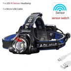 Adjustable USB Rechargeable IR Sensor Super Bright Headlight Battery For Long Working Time LED Headlamp Fishing  Waterproof Head Light Lamp Perfect For Running  Camping Stevvex