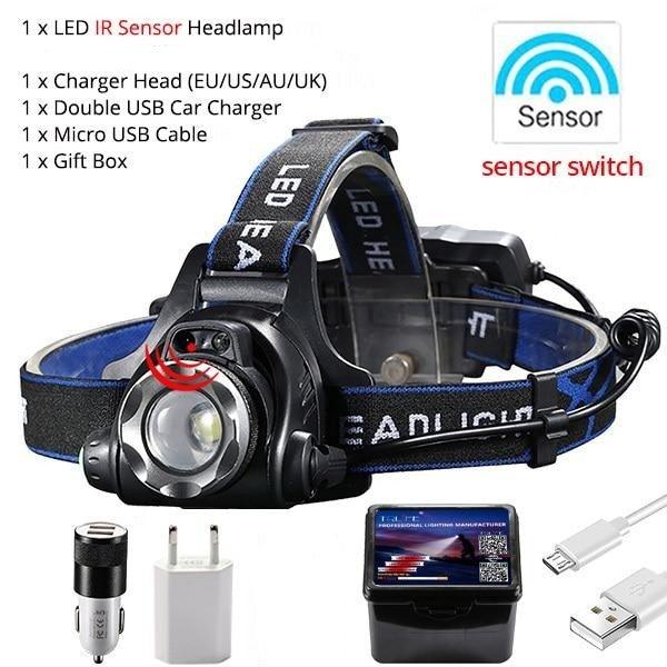 Adjustable USB Rechargeable IR Sensor Super Bright Headlight Battery For Long Working Time LED Headlamp Fishing  Waterproof Head Light Lamp Perfect For Running  Camping Stevvex
