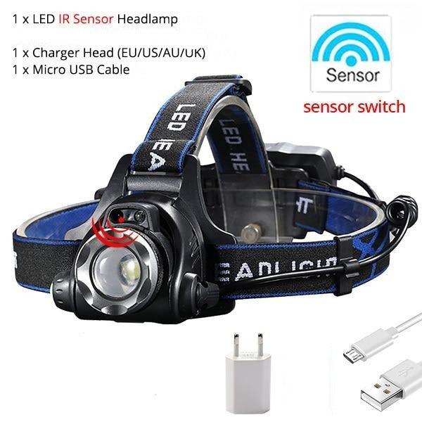 Adjustable USB Rechargeable IR Sensor Super Bright Headlight Battery For Long Working Time LED Headlamp Fishing  Waterproof Head Light Lamp Perfect For Running  Camping Stevvex