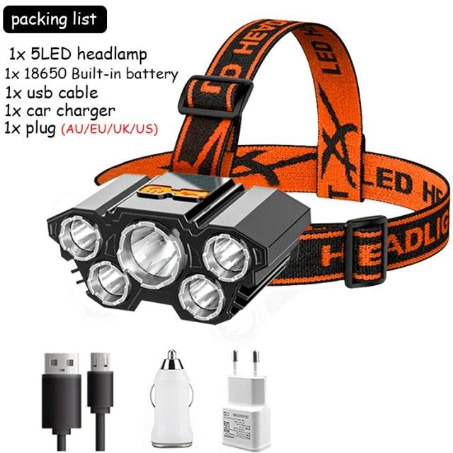 Adjustable USB Rechargeable Torch Lamp Built-in Battery 5 Led Strong Headlight Waterproof  Rechargeable Super Bright Head-Mounted Flashlight For Outdoor Night Camping Stevvex