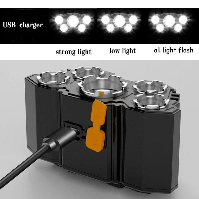 Adjustable USB Rechargeable Torch Lamp Built-in Battery 5 Led Strong Headlight Waterproof  Rechargeable Super Bright Head-Mounted Flashlight For Outdoor Night Camping Stevvex