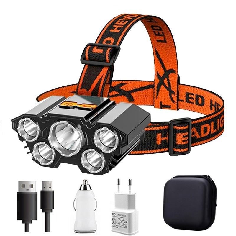 Adjustable USB Rechargeable Torch Lamp Built-in Battery 5 Led Strong Headlight Waterproof  Rechargeable Super Bright Head-Mounted Flashlight For Outdoor Night Camping Stevvex
