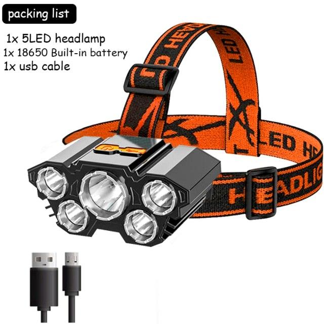 Adjustable USB Rechargeable Torch Lamp Built-in Battery 5 Led Strong Headlight Waterproof  Rechargeable Super Bright Head-Mounted Flashlight For Outdoor Night Camping Stevvex