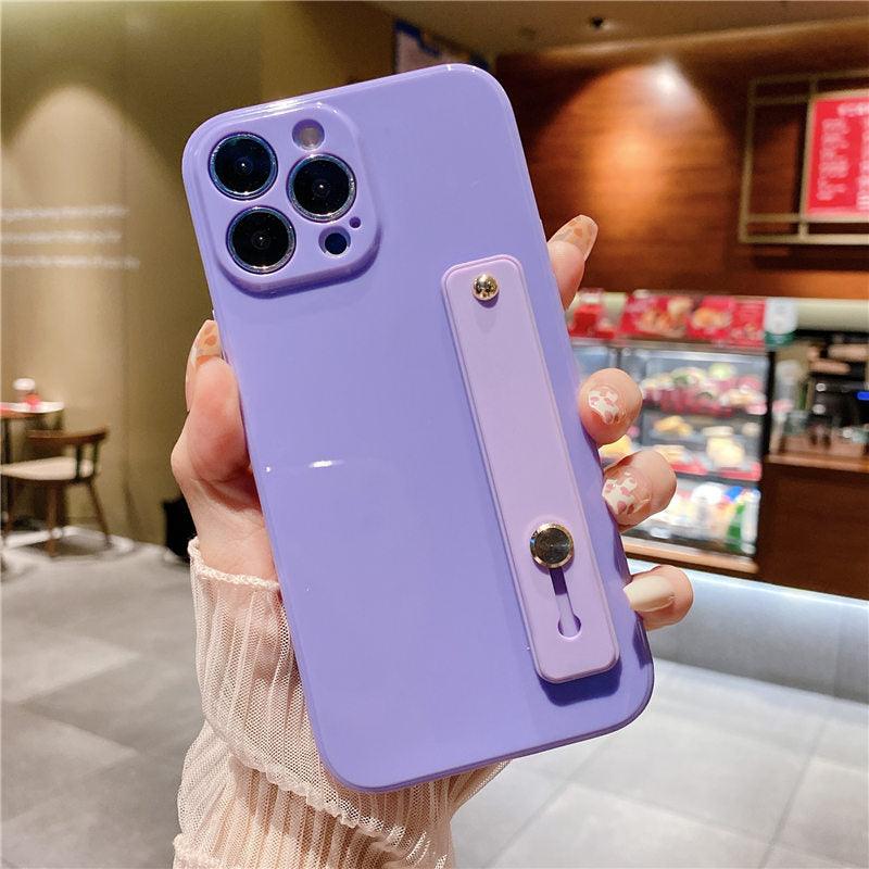 Adjustable Wrist Strap Stand Holder Case with Camera Protection Cute Solid Color Silicone Phone Case Phone Case For iPhone 13 14 Pro Max 12 11 XS Max XR 7 8 Plus 13Pro Soft Silicone Candy Color Back Cover Stevvex