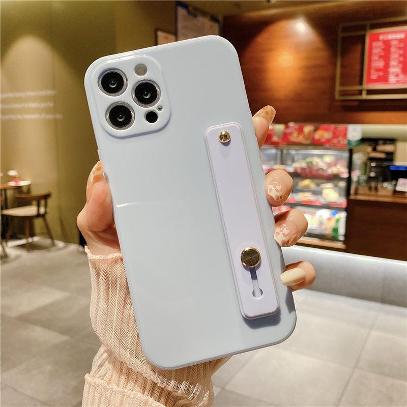 Adjustable Wrist Strap Stand Holder Case with Camera Protection Cute Solid Color Silicone Phone Case Phone Case For iPhone 13 14 Pro Max 12 11 XS Max XR 7 8 Plus 13Pro Soft Silicone Candy Color Back Cover Stevvex