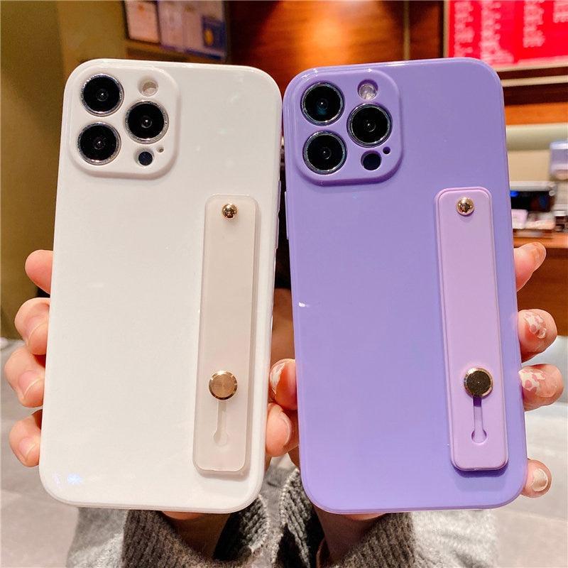 Adjustable Wrist Strap Stand Holder Case with Camera Protection Cute Solid Color Silicone Phone Case Phone Case For iPhone 13 14 Pro Max 12 11 XS Max XR 7 8 Plus 13Pro Soft Silicone Candy Color Back Cover Stevvex