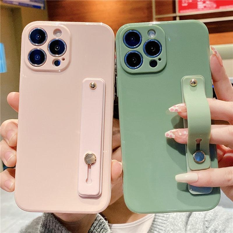 Adjustable Wrist Strap Stand Holder Case with Camera Protection Cute Solid Color Silicone Phone Case Phone Case For iPhone 13 14 Pro Max 12 11 XS Max XR 7 8 Plus 13Pro Soft Silicone Candy Color Back Cover Stevvex