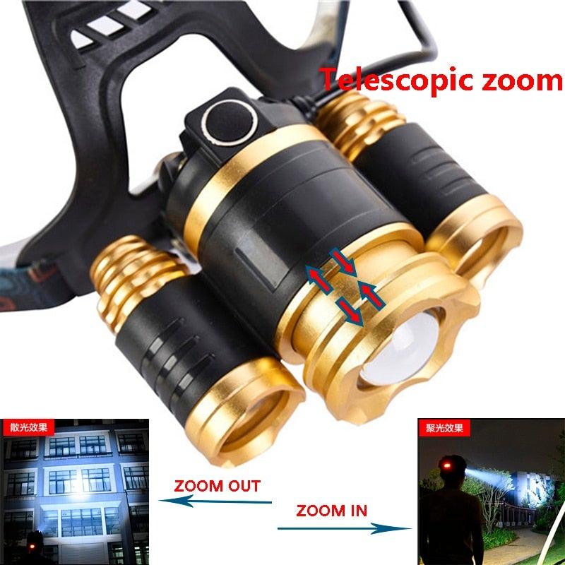 Adjustable Zoomable Headlamp Ultra Bright Rechargeable LED Bright High Lumen Head Lights Head Lamp Waterproof Flashlight For Outdoor Cmaping Fishing Hiking Biking Fishing Headlamp  Running Headlamp Stevvex