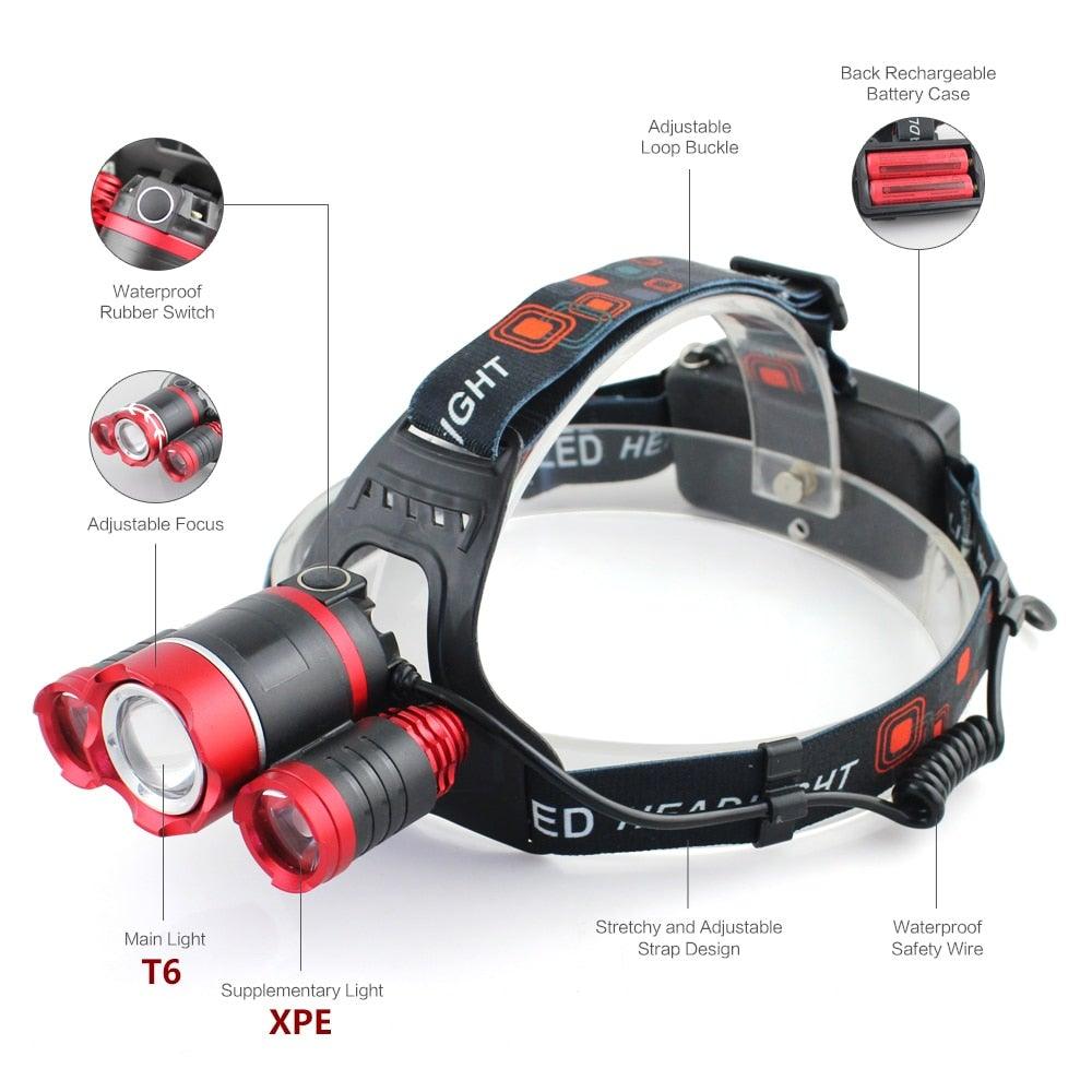 Adjustable Zoomable Headlamp Ultra Bright Rechargeable LED Bright High Lumen Head Lights Head Lamp Waterproof Flashlight For Outdoor Cmaping Fishing Hiking Biking Fishing Headlamp  Running Headlamp Stevvex
