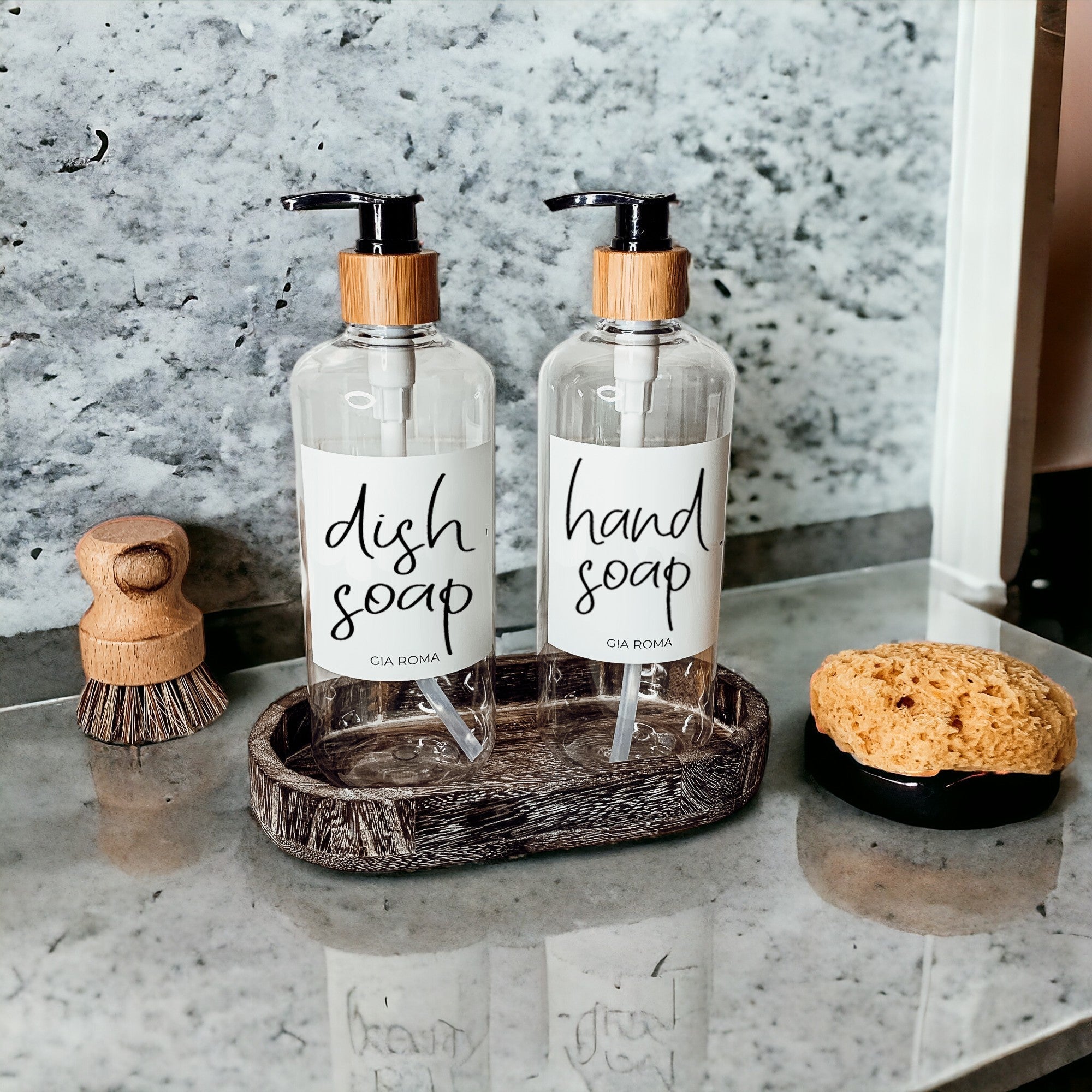 Handmade Rustic Wood Tray For Two 16oz Dispensers And Vanity Countertop Tray BandsCo Straps