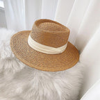 Adult Summer Straw Hat Fashion Casual Beach Fedora Hat Wide Brim Straw Hat Luxury Fedora Summer Packable Sun Hat Lightweight Women Beach Sun Hat Breathable Sun Hats For Women 56-58cm Stevvex
