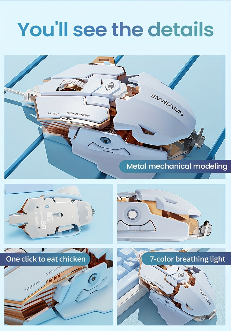 EWEADN G5 USB Wired Gaming Mouse Silent or audible optional Metal mechanical Mouse gamer with 8 Buttons Macro Function Keys, Support tail length adjustment to suit different hand sizes Perfect for desktop, laptop, computer, s