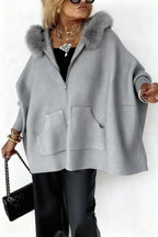 Women's Plush Hooded Cardigan - Batwing Sleeve Zip Up Knitted Jacket with Pockets