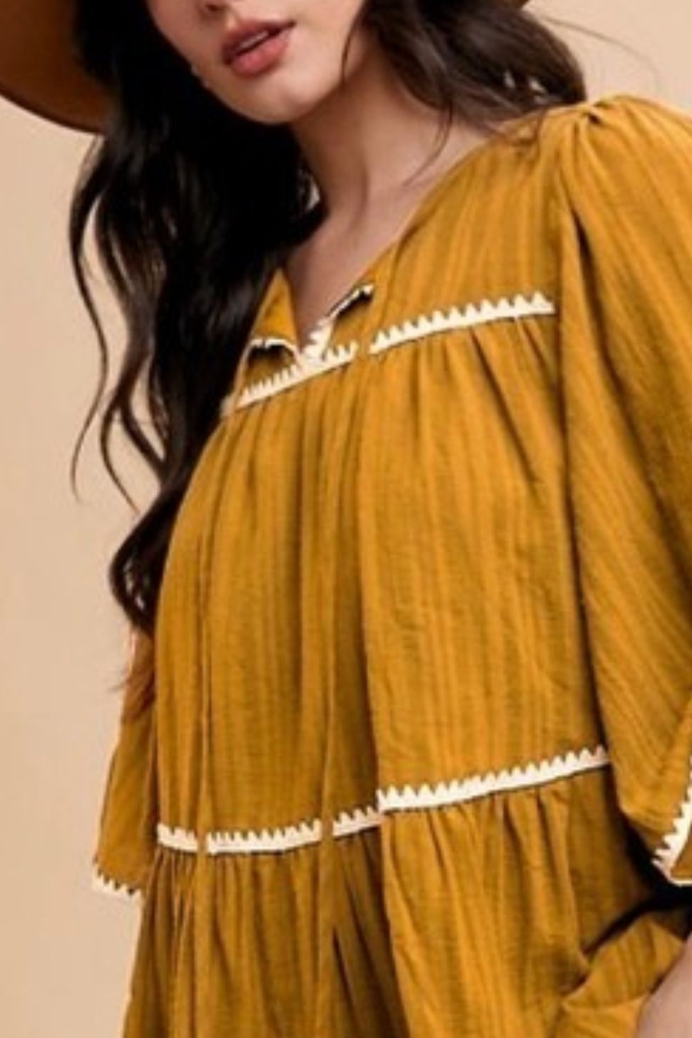 Tassel Contrast Trim Tie Neck Half Sleeve Tiered Dress For Women – Bohemian Inspired Tiered Dress with Tassel Accents and Contrast Trim for a Playful Look Stevvex