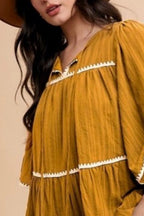 Tassel Contrast Trim Tie Neck Half Sleeve Tiered Dress For Women – Bohemian Inspired Tiered Dress with Tassel Accents and Contrast Trim for a Playful Look Stevvex