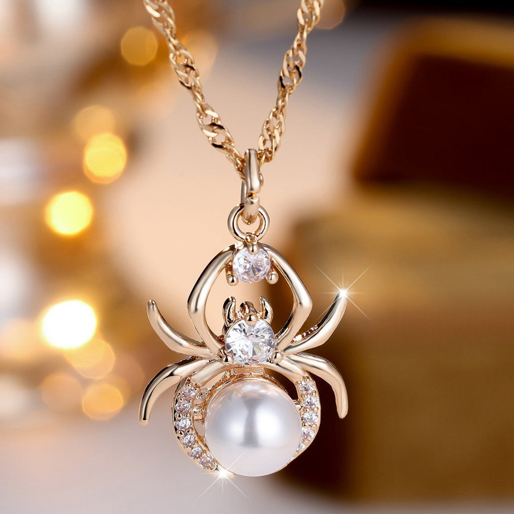 Champagne Gold Round White Diamond Pearl Spider Necklace Pi-Mart