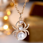 Champagne Gold Round White Diamond Pearl Spider Necklace Pi-Mart