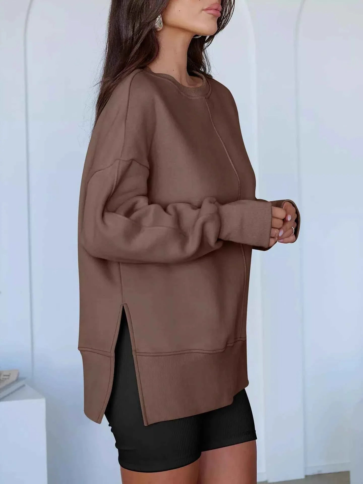 Side Slit Round Neck Long Sleeve Sweatshirt THRIXINE