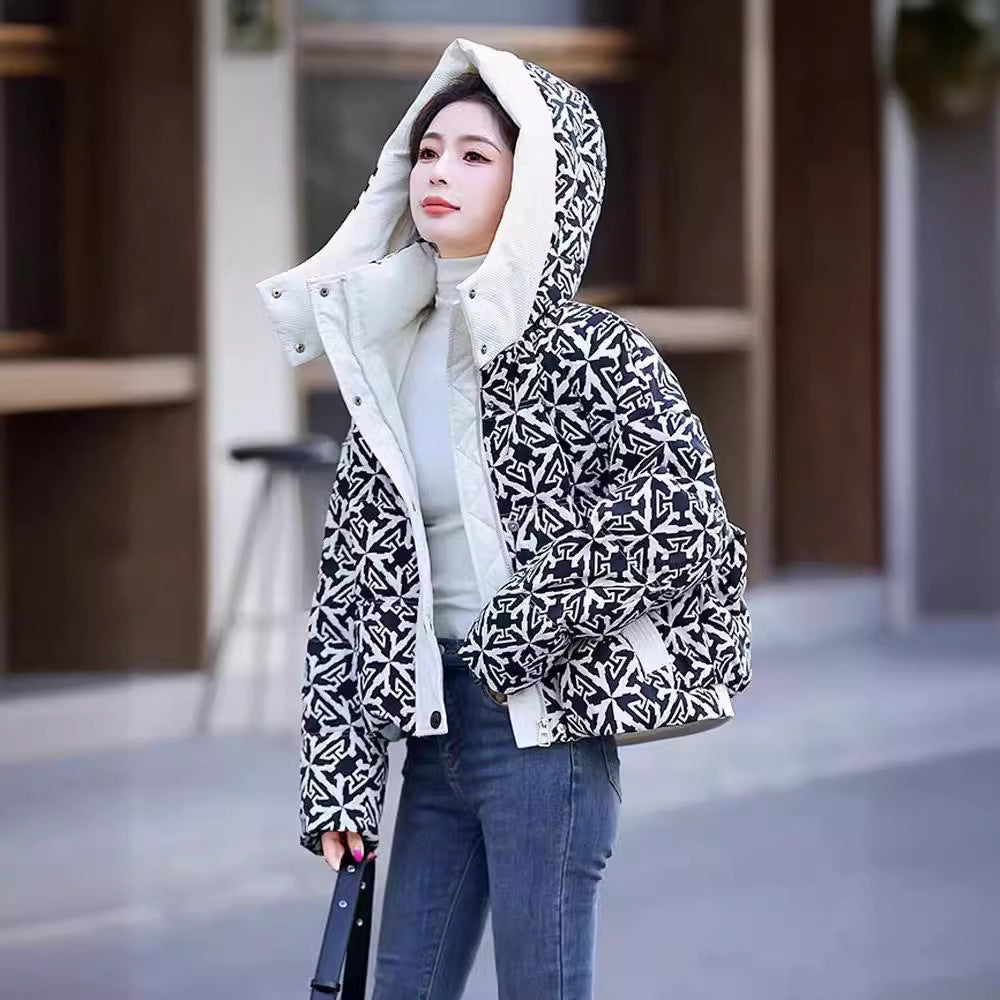 Printed Hooded Down Jacket Women's Short Pi-Mart