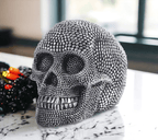 Resin Beaded Skull Decor Silver Skeleton Head Handmade Rustic Bookend Centerpiece Halloween