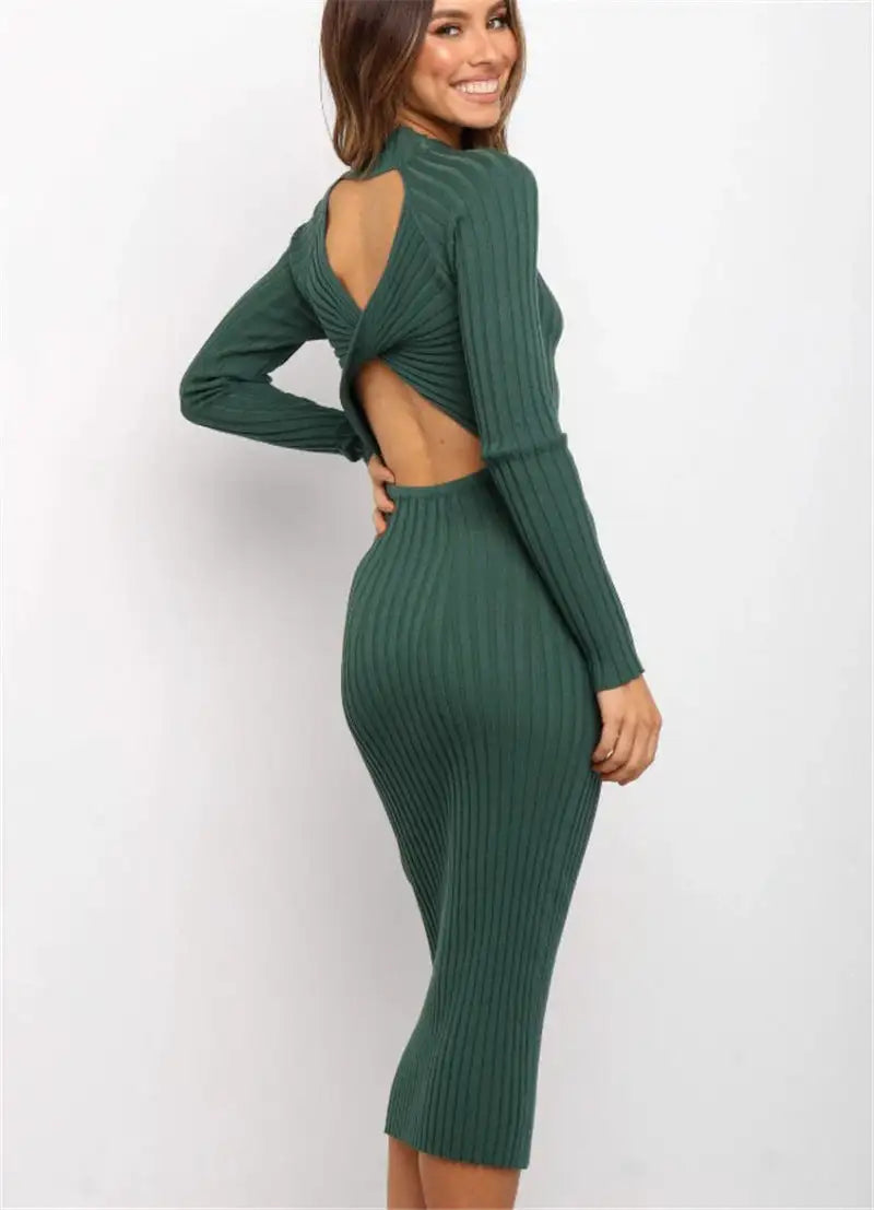New Style Women's Suits Sweater Dresses Women's Solid Color Backless Bow Tight Dresses - SJB-DIAMOND ELITES