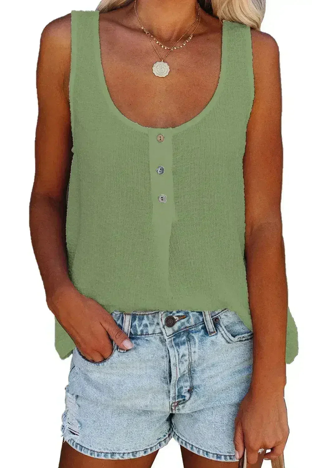 Button Textured Cotton Tank Top - SJB-DIAMOND ELITES