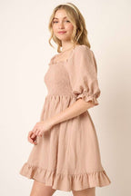 Smocked Ruffled Hem Half Sleeve Mini Dress, Cute, Elegant, Charming and Comfortable Mini Dress with Smocked Bodice and Whimsical Ruffled Hem Stevvex