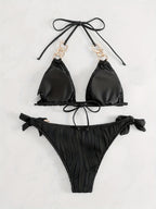 Bikini Ruched Texture Golden Chain 2 Piece Triangle Swimsuit for Women – Striped Halter Bikini Set with Bow Tie Side and Elegant Ring Link Detail – Stretchy Beachwear for Pool Bathing and Summer Vacations