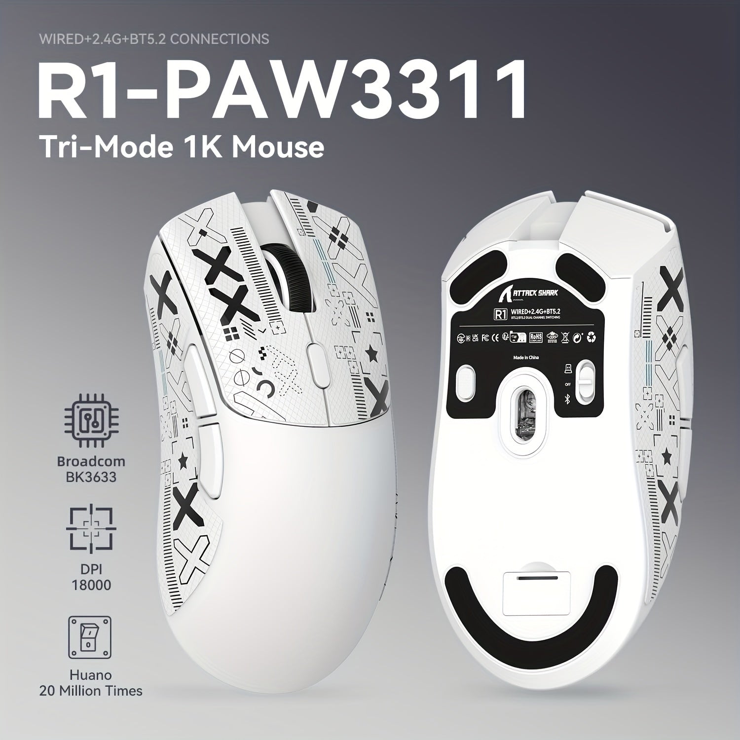 ATTACK SHARK R1 PRO 59g SUPERLIGHT Mouse, PixArt PAW3311 Gaming Sensor, BT/2.4G Wireless/Wired Gaming Mouse, 6 Adjustable Up To 18000, 65 Hrs Battery, Office Mice For Win11/Xbox/PS/Mac (()Black ) Lootquake LLC