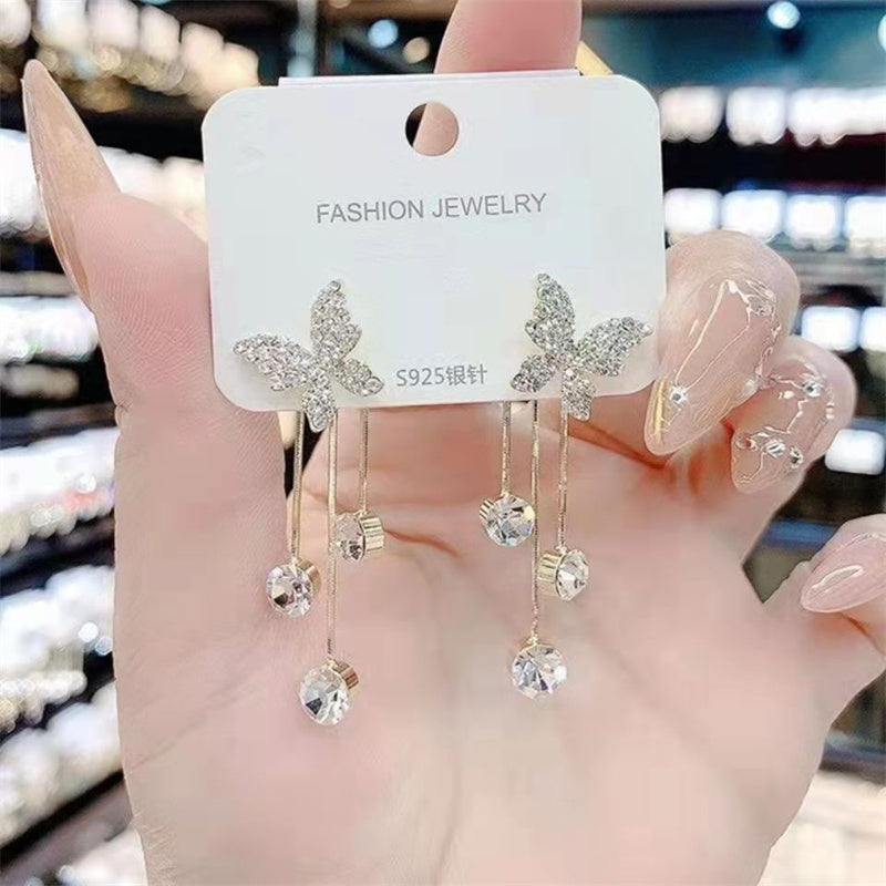 Fashion Jewelry Shiny Butterfly Rhinestone Drop Dangle Earrings Women Elegant Long Pearl Tassel Chain Pendant Party Jewelry Pi-Mart