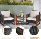 3 Pieces Outdoor Patio Furniture Set Wicker Chairs with Coffee Table, Balcony Porch Furniture Bistro Set with Wood Frame and Washable Cushions for Garden Poolside Backyard Lootquake LLC