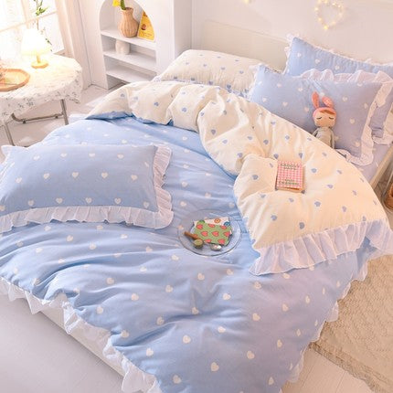 Ins Fashion Solid Cotton Bedding Set with Fitted Bed Sheet Cute Princess AB Double Sided Ruffle Quilt Cover Pillowcase Full Size Pi-Mart