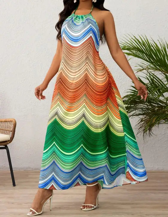 Ladies' Neck Hanging Peacock Element Printed Casual Dress - SJB-DIAMOND ELITES