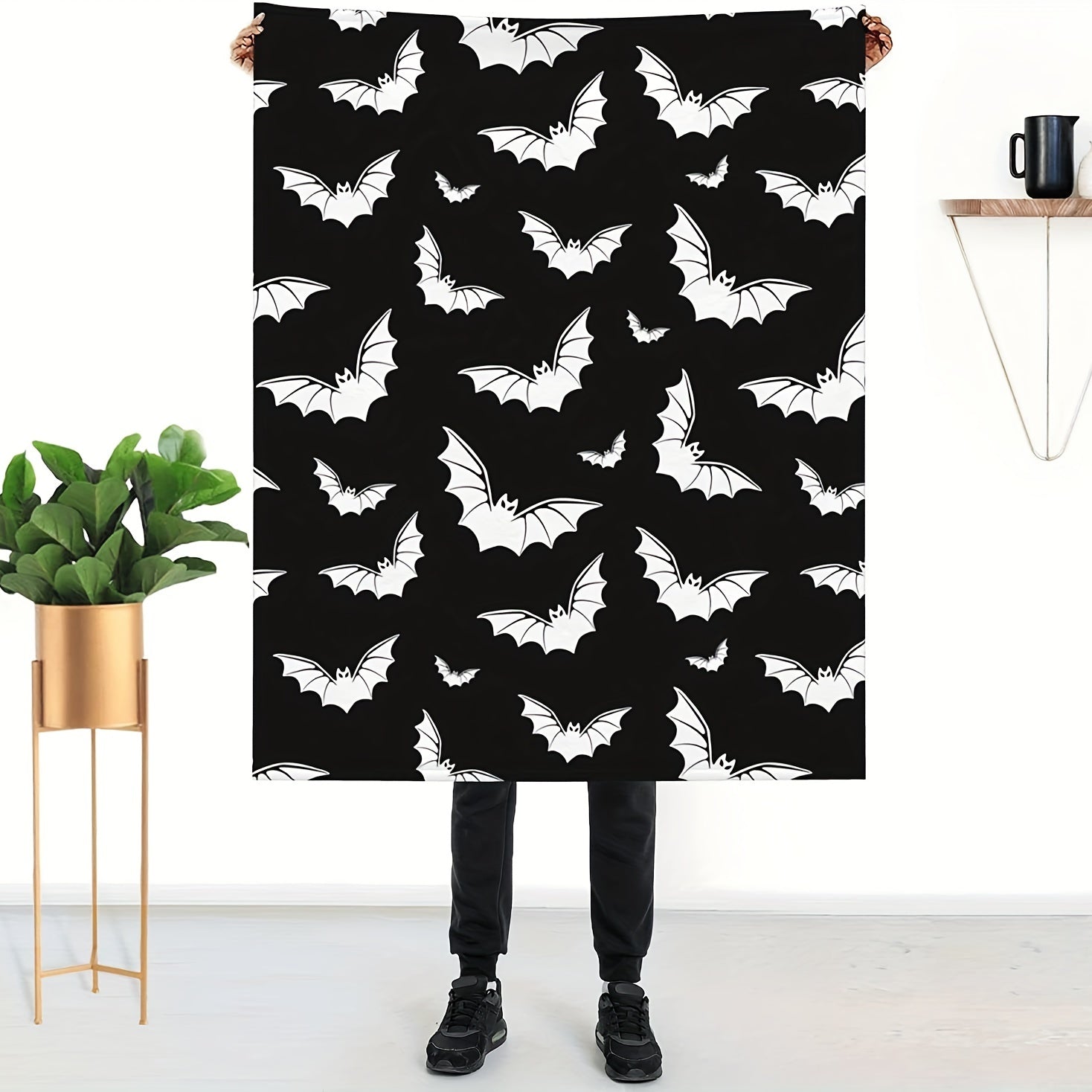 1pc Black And White Bat Pattern Blanket, Warm Cozy Soft Throw Blanket For Couch Bed Sofa