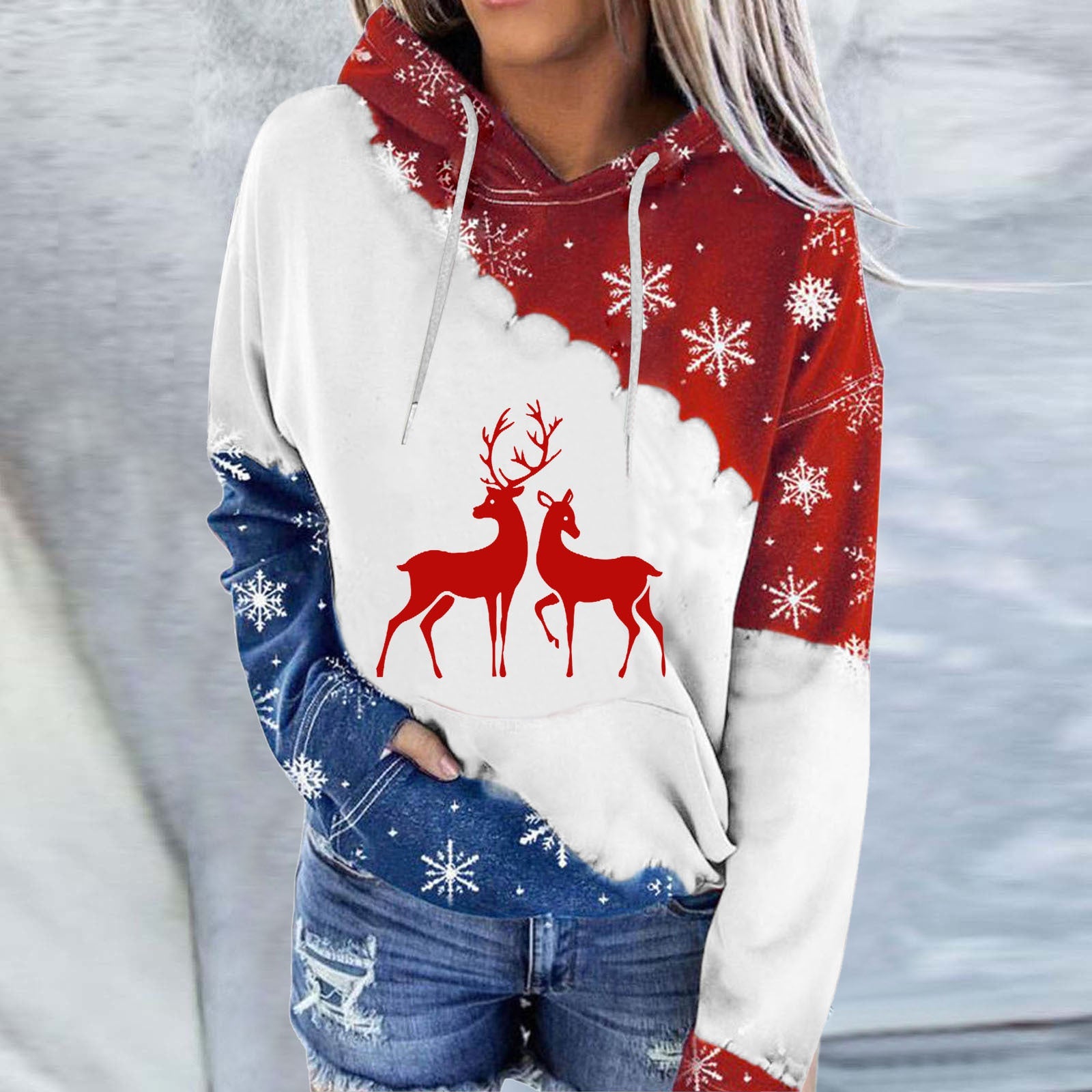 Snowman Print Crew Neck Hoodie Long Sleeve Sweatshirt Pi-Mart