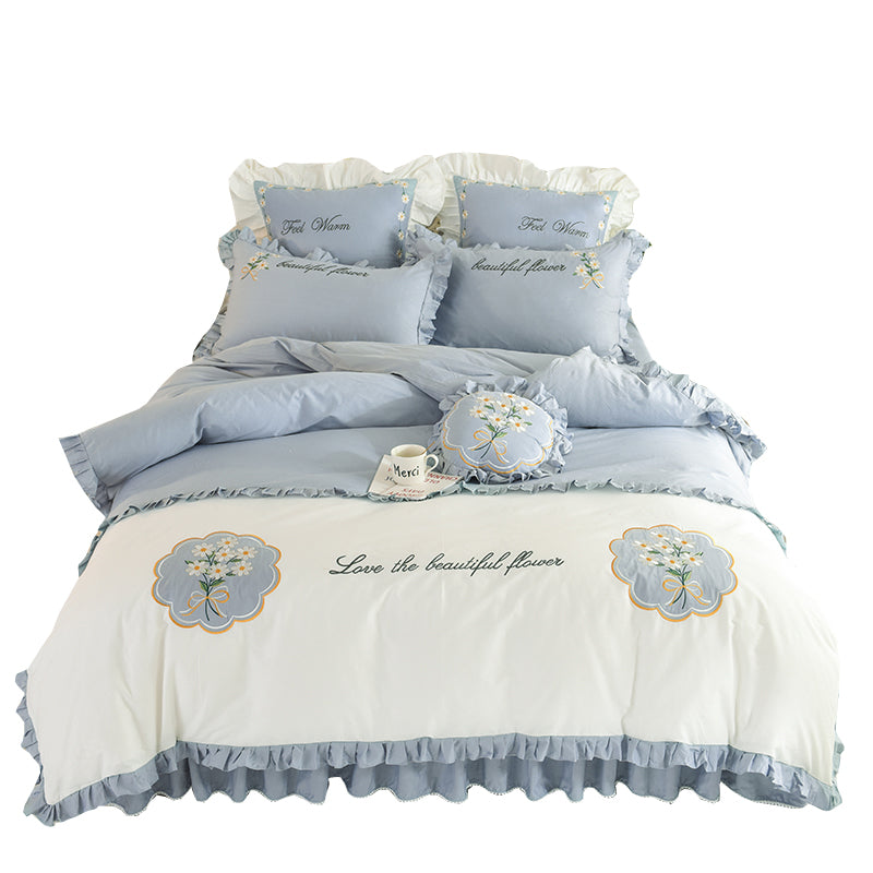 Summer Ruffled Cotton Four-piece Set Girl Heart Embroidery Flower Quilt Cover Pi-Mart