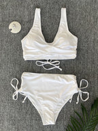 Bikini Twist Front V Neck High Waist 2 Piece Bikini Set for Women – Stretchy Tie Back Swimsuit with Drawstring Lace Up and Comfortable Fit – Trendy Solid Color Swimwear for Beach Days Pool Parties and Summer Vacations