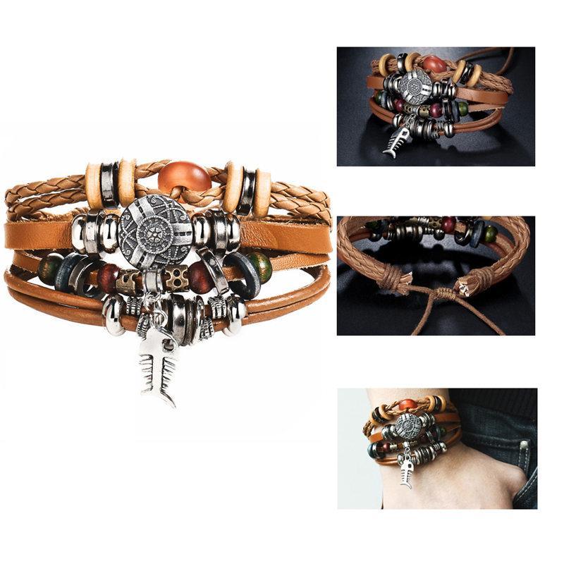 BOHO Tibet Stone Feather Multilayer Leather Bracelet Eye Fish Charms Beads Bracelets For Men Vintage Punk Wrap Wristband Cool Jewelry - SJB-DIAMOND ELITES